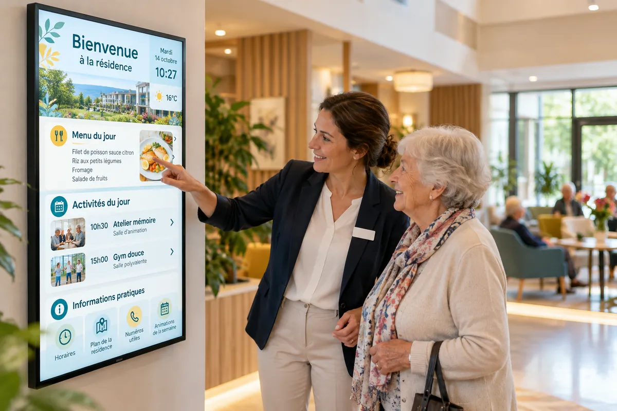 Une professionnelle présente à une résidente l'écran d'accueil de la résidence : menu du jour, activités et informations pratiques