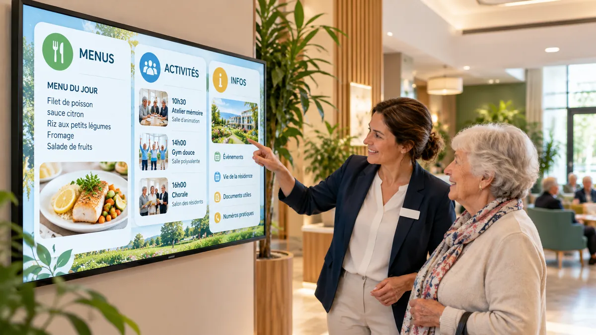 Dans le hall d'une résidence, une professionnelle montre à une résidente l'écran d'information : menu du jour, activités et informations pratiques