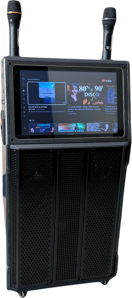 Borne musicale AILYAN sur roulettes avec écran tactile, deux micros et haut-parleurs intégrés