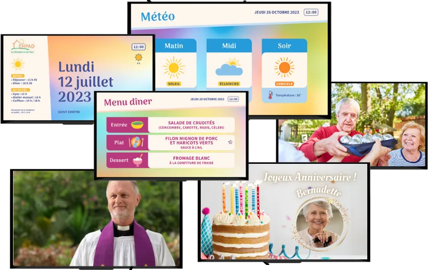 Exemples d'écrans de la chaîne TV AILYAN : date du jour et horaires des repas, météo du matin au soir, menu du dîner, photos d'activités, anniversaire d'une résidente