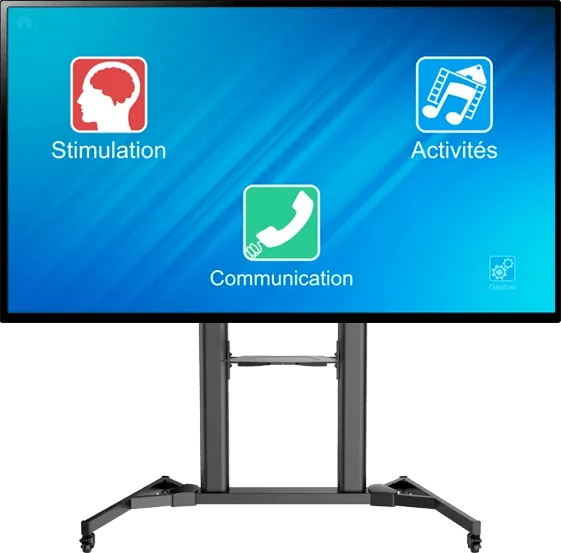 Écran tactile Ergomind Pro sur pied mobile, avec les trois rubriques Stimulation, Activités et Communication