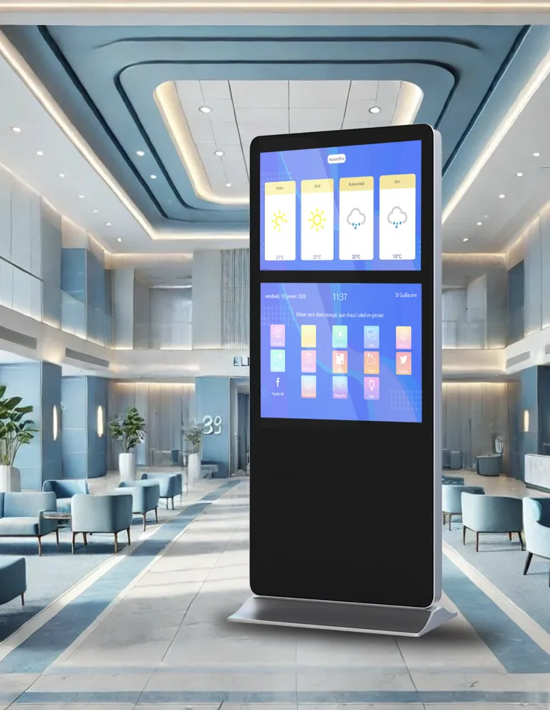 Totem tactile AILYAN de 65 pouces dans un hall d'accueil lumineux : météo et rubriques de l'établissement à l'écran